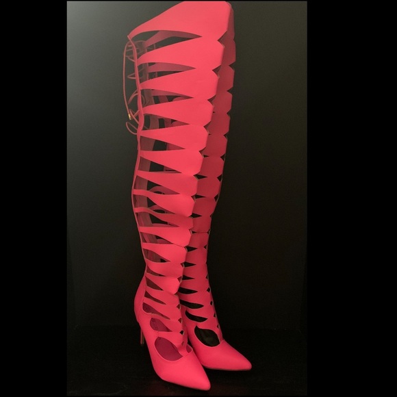 neon pink thigh high boots